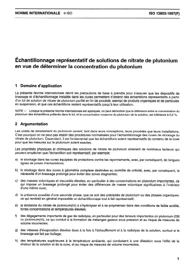 ISO 12803:1997 - Echantillonnage représentatif de solutions de nitrate de plutonium en vue de déterminer la concentration du plutonium