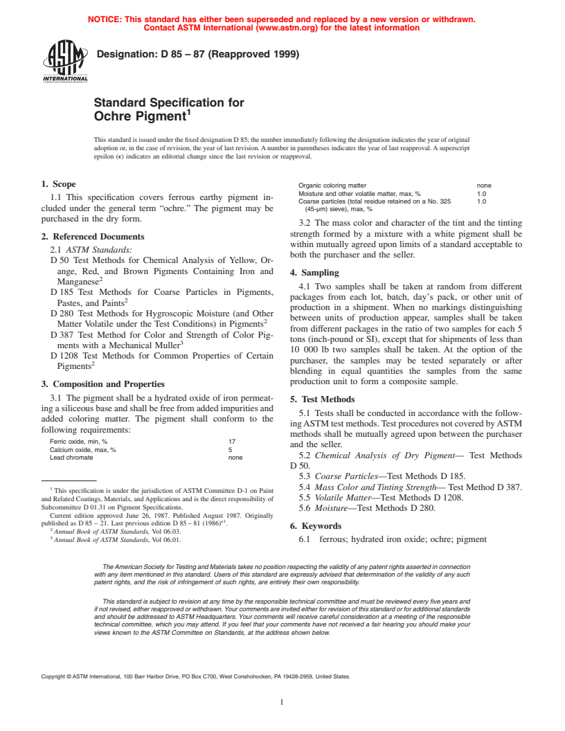 ASTM D85-87(1999) - Standard Specification for Ochre Pigment