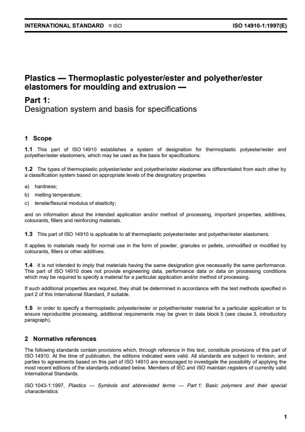ISO 14910-1:1997 - Plastics -- Thermoplastic polyester/ester and polyether/ester elastomers for moulding and extrusion