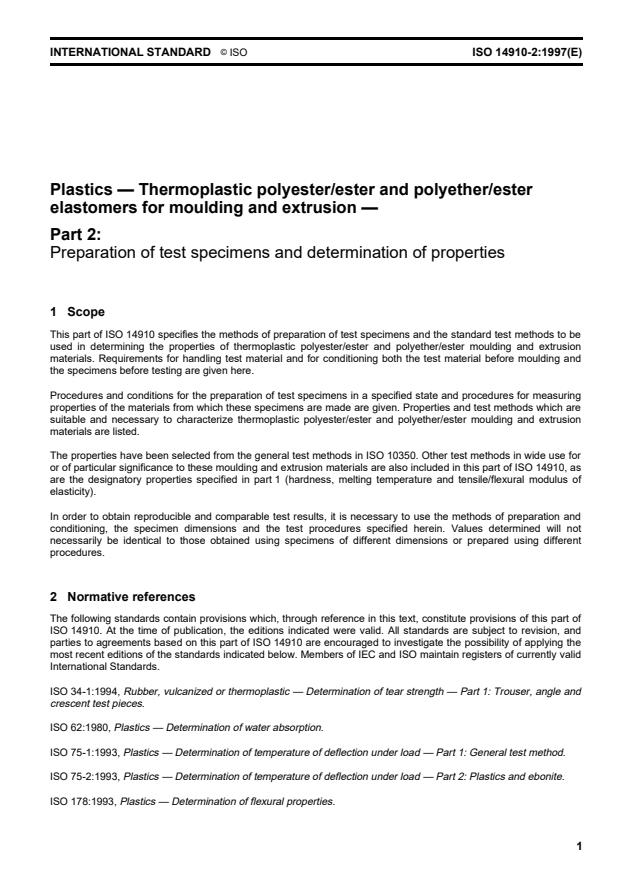 ISO 14910-2:1997 - Plastics -- Thermoplastic polyester/ester and polyether/ester elastomers for moulding and extrusion