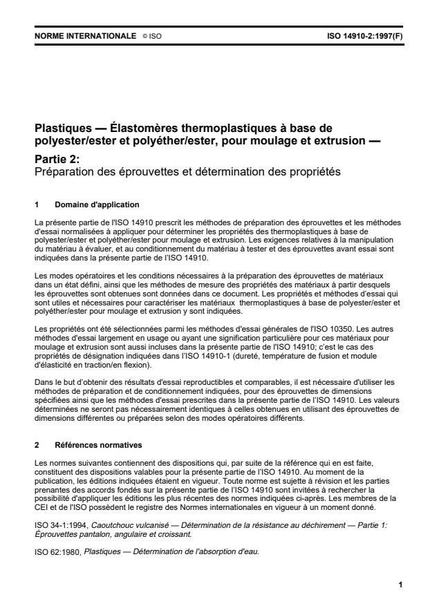 ISO 14910-2:1997 - Plastiques -- Élastomeres thermoplastiques a base de polyester/ester et polyéther/ester, pour moulage et extrusion