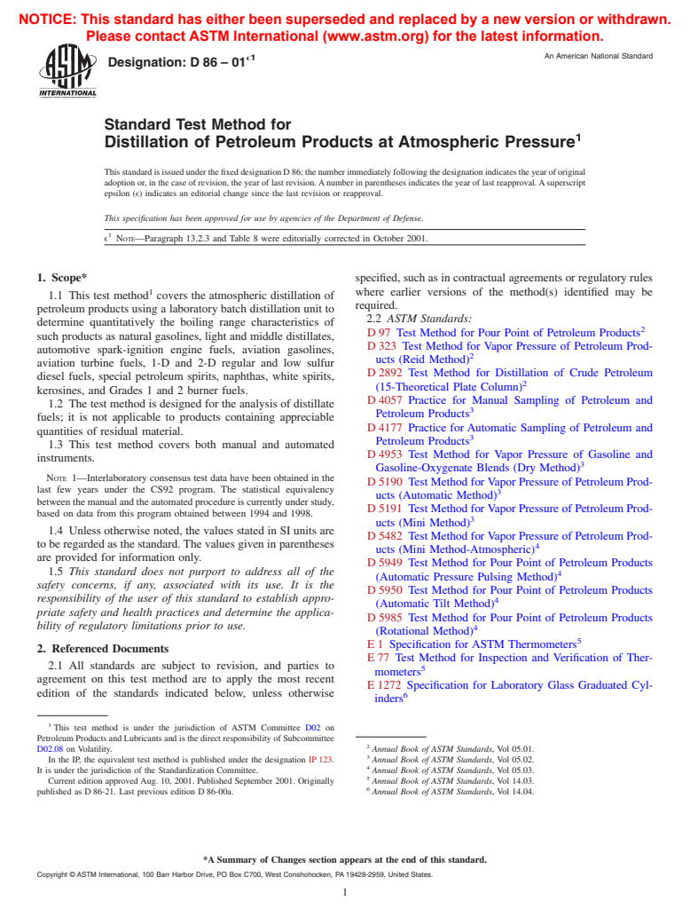 ASTM D86-01e1 - Standard Test Method for Distillation of Petroleum Products at Atmospheric Pressure