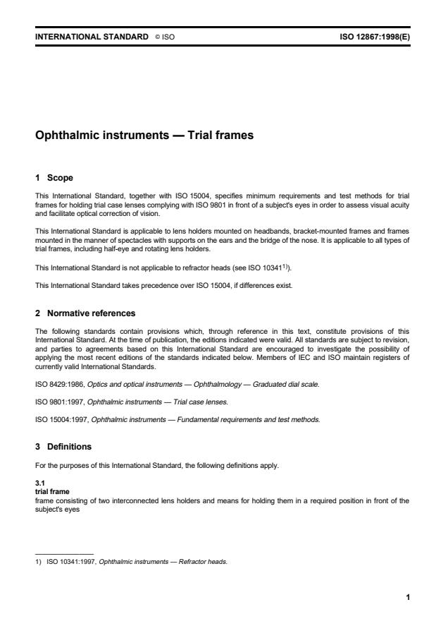 ISO 12867:1998 - Ophthalmic instruments -- Trial frames