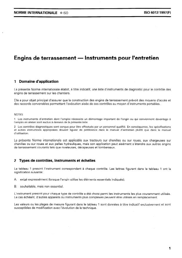 ISO 6012:1997 - Engins de terrassement -- Instruments pour l'entretien
