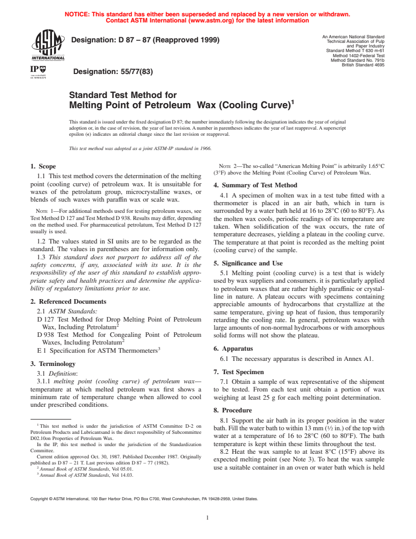 ASTM D87-87(1999) - Standard Test Method for Melting Point of Petroleum Wax (Cooling Curve)