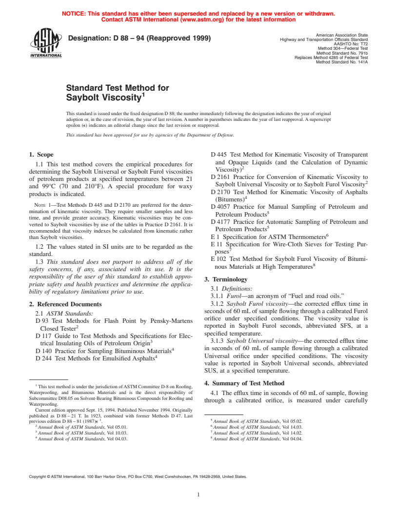 ASTM D88-94(1999) - Standard Test Method for Saybolt Viscosity