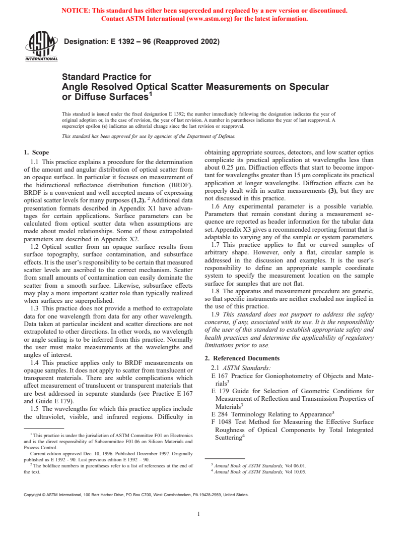 ASTM E1392-96(2002) - Standard Practice for Angle Resolved Optical Scatter Measurements on Specular or Diffuse Surfaces (Withdrawn 2003)