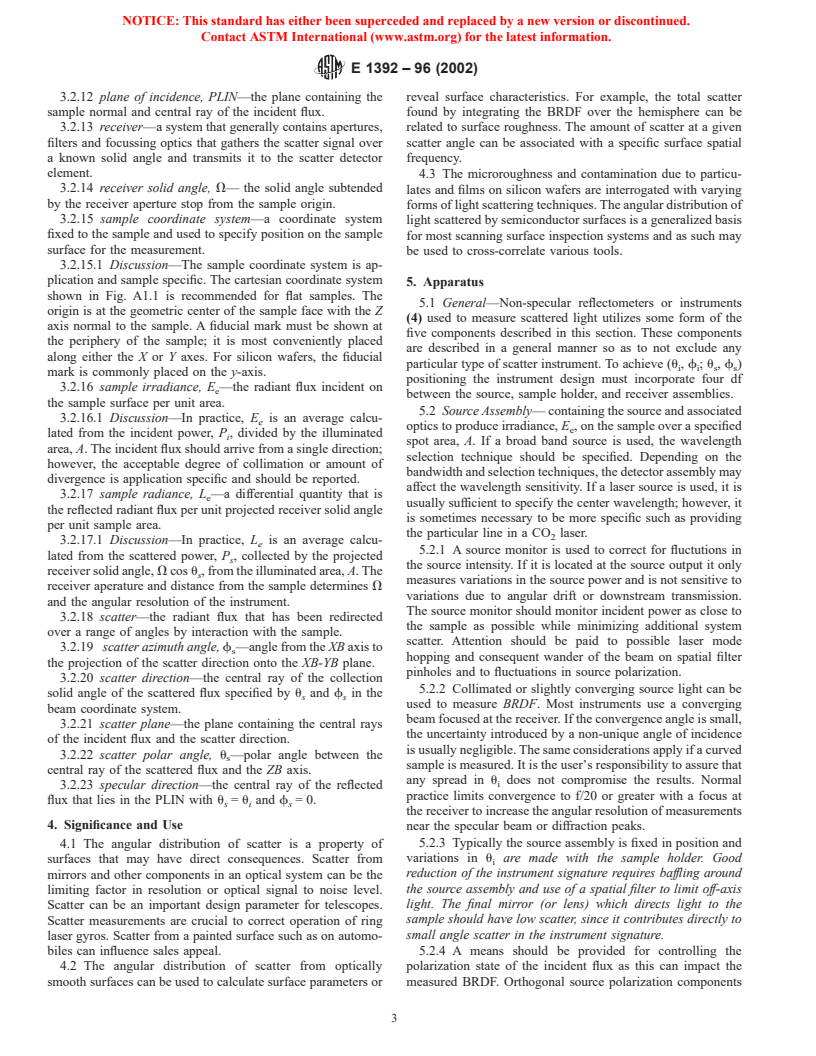 ASTM E1392-96(2002) - Standard Practice for Angle Resolved Optical Scatter Measurements on Specular or Diffuse Surfaces (Withdrawn 2003)