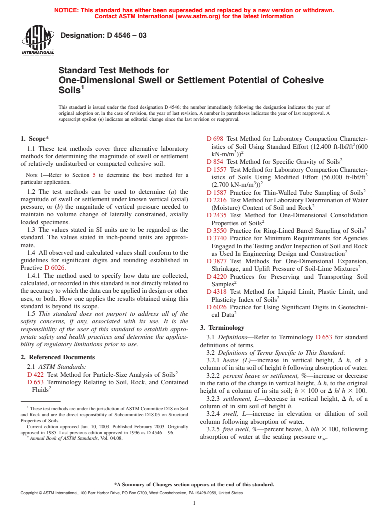 ASTM D4546-03 - Standard Test Methods for One-Dimensional Swell or Settlement Potential of Cohesive Soils