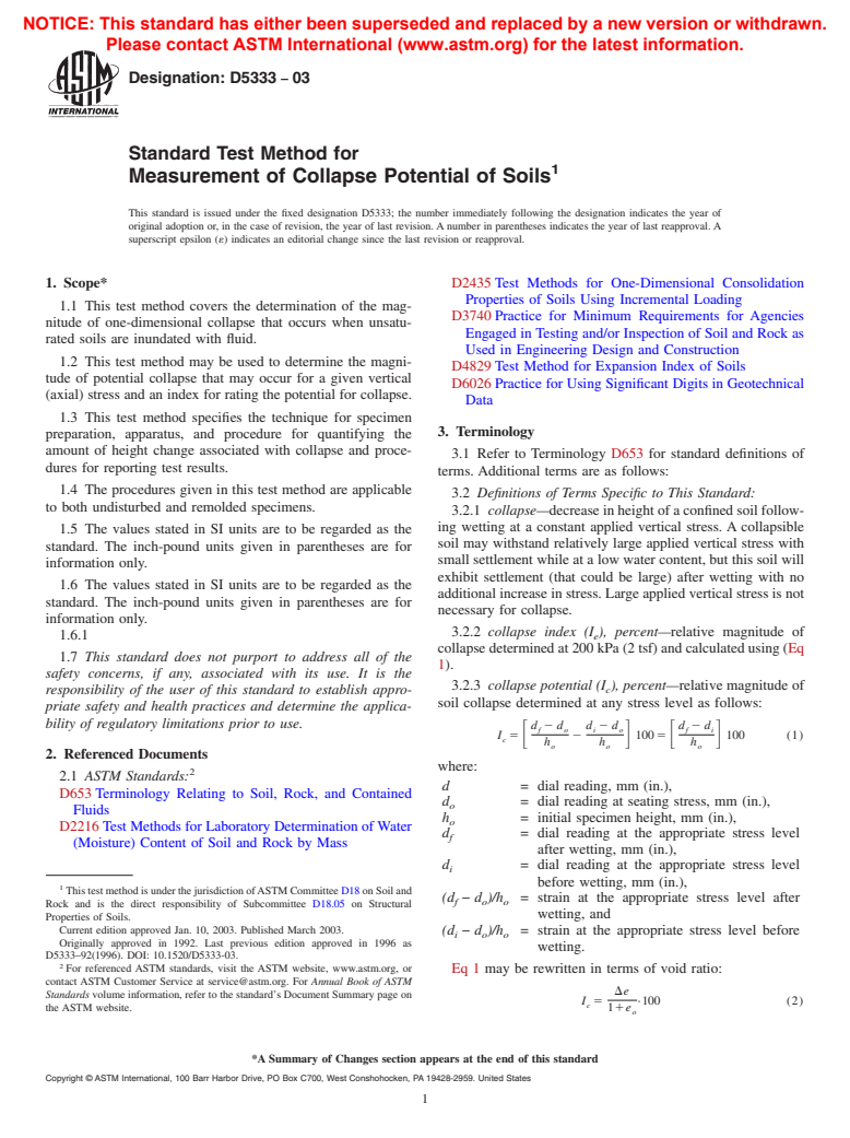 ASTM D5333-03 - Standard Test Method for Measurement of Collapse Potential of Soils (Withdrawn 2012)