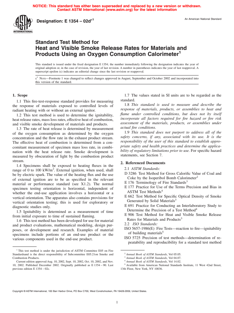 ASTM E1354-02de1 - Standard Test Method for Heat and Visible Smoke Release Rates for Materials and Products Using an Oxygen Consumption Calorimeter