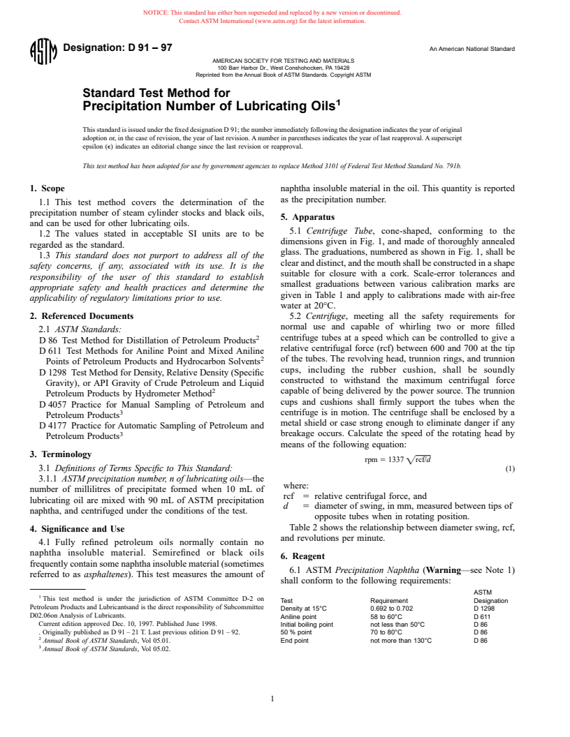 ASTM D91-97 - Standard Test Method for Precipitation Number of Lubricating Oils