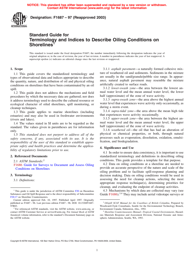 ASTM F1687-97(2003) - Standard Guide for Terminology and Indices to Describe Oiling Conditions on Shorelines