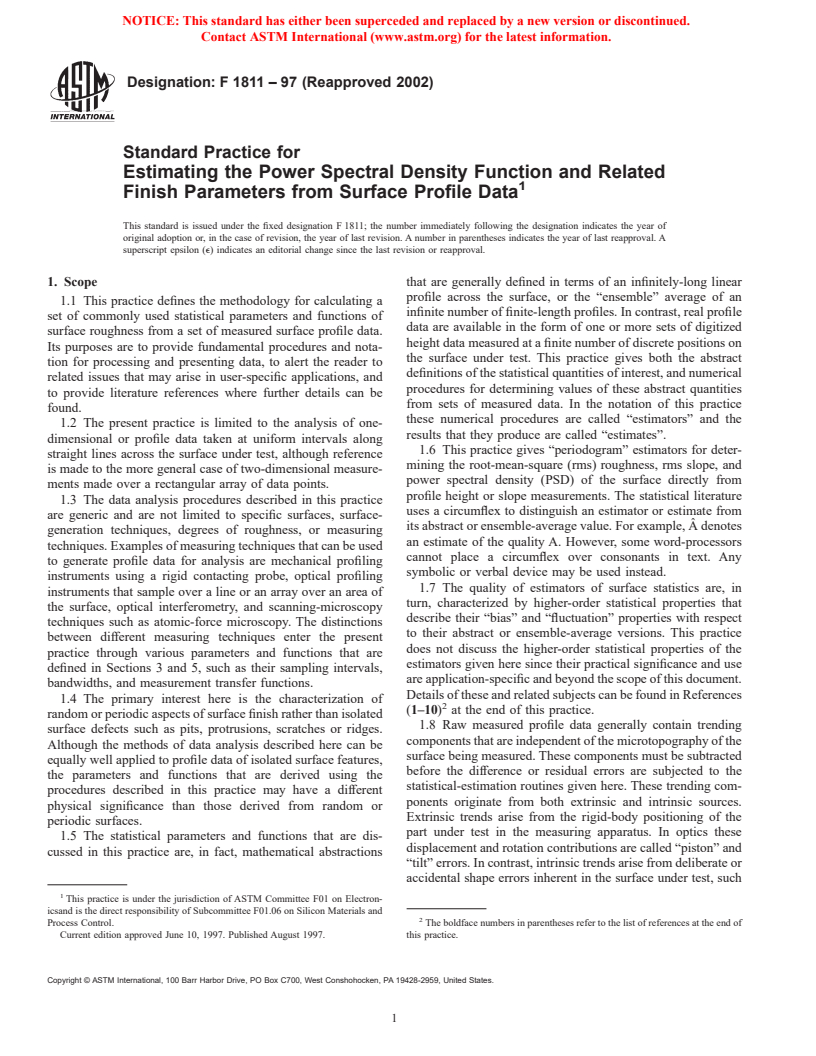 ASTM F1811-97(2002) - Standard Practice for Estimating the Power Spectral Density Function and Related Finish Parameters from Surface Profile Data (Withdrawn 2003)