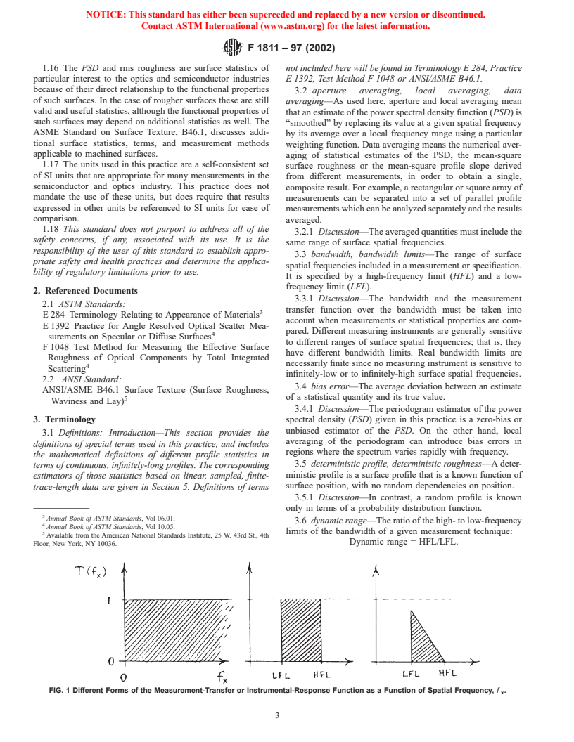 ASTM F1811-97(2002) - Standard Practice for Estimating the Power Spectral Density Function and Related Finish Parameters from Surface Profile Data (Withdrawn 2003)