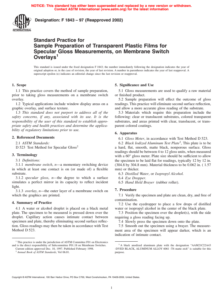 ASTM F1843-97(2002) - Standard Practice for Sample Preparation of Transparent Plastic Films for Specular Gloss Measurements, on Membrane Switch Overlays