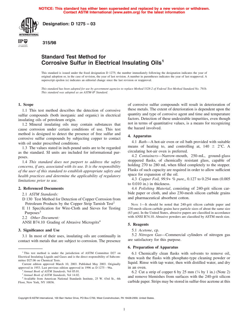 ASTM D1275-03 - Standard Test Method for Corrosive Sulfur in Electrical Insulating Oils