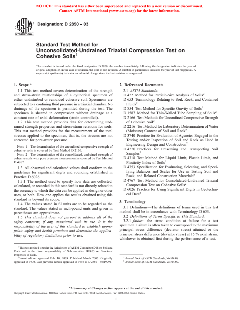 ASTM D2850-03 - Standard Test Method for Unconsolidated-Undrained Triaxial CompressionTest on Cohesive Soils