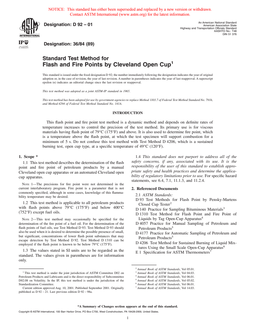 ASTM D92-01 - Standard Test Method for Flash and Fire Points by Cleveland Open Cup