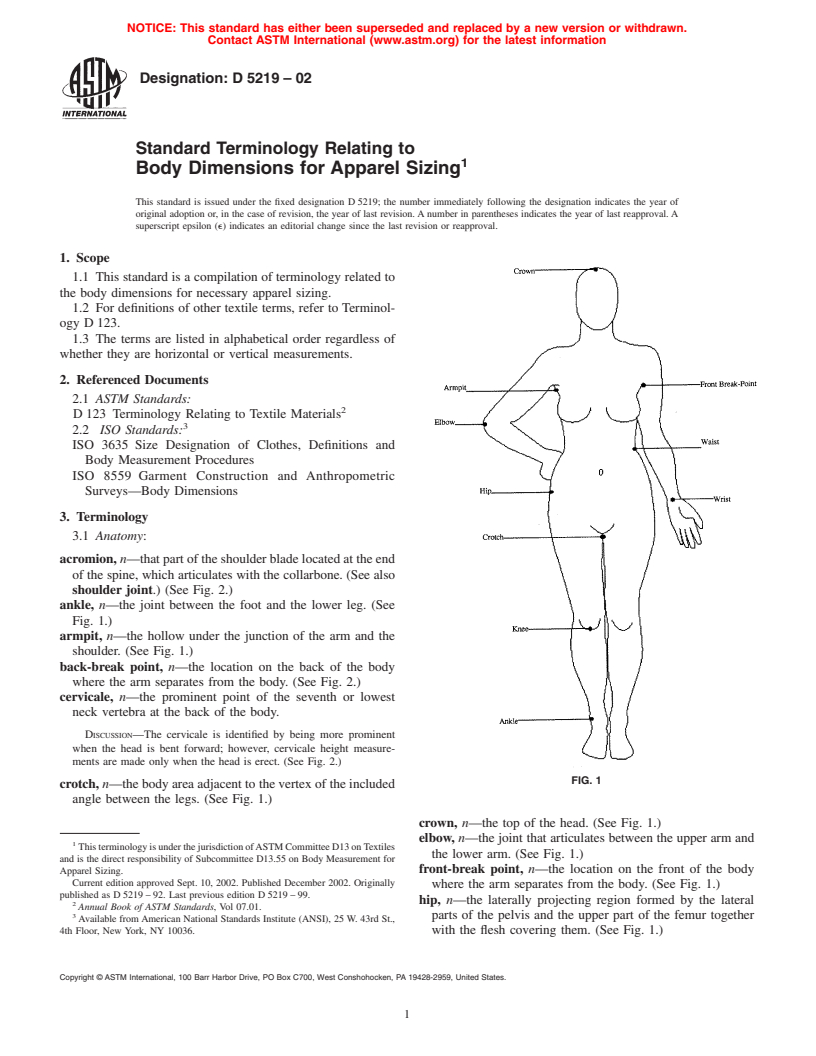 ASTM D5219-02 - Standard Terminology Relating to Body Dimensions for Apparel Sizing