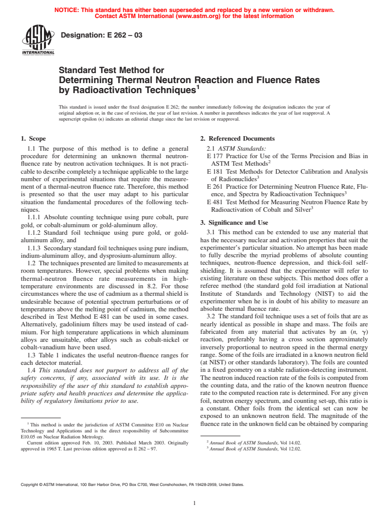 ASTM E262-03 - Standard Method for Determining Thermal Neutron Reaction and Fluence Rates by Radioactivation Techniques