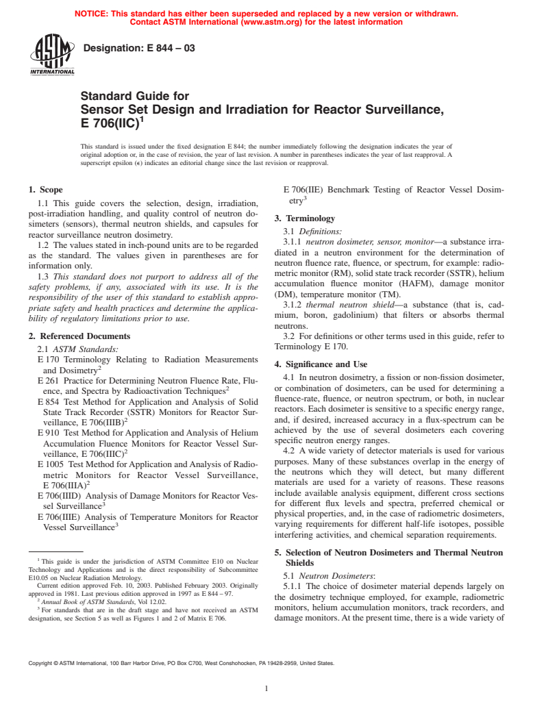 ASTM E844-03 - Standard Guide for Sensor Set Design and Irradiation for Reactor Surveillance, E 706(IIC)