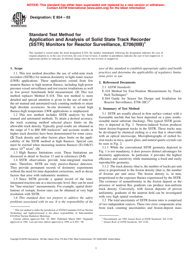 ASTM E854-03 - Standard Test Method for Application and Analysis of Solid State Track Recorder (SSTR) Monitors for Reactor Surveillance, E706(IIIB)