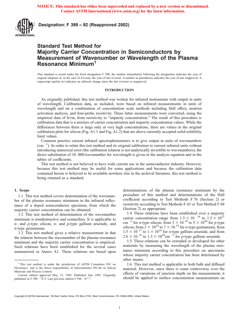 ASTM F398-92(2002) - Standard Test Method for Majority Carrier Concentration in Semiconductors by Measurement of Wavenumber or Wavelength of the Plasma Resonance Minimum (Withdrawn 2003)