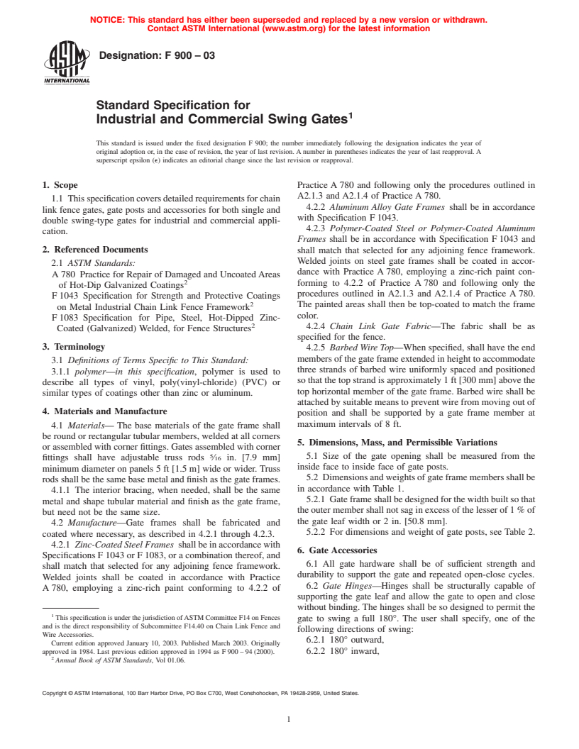 ASTM F900-03 - Standard Specification for Industrial and Commercial Swing Gates