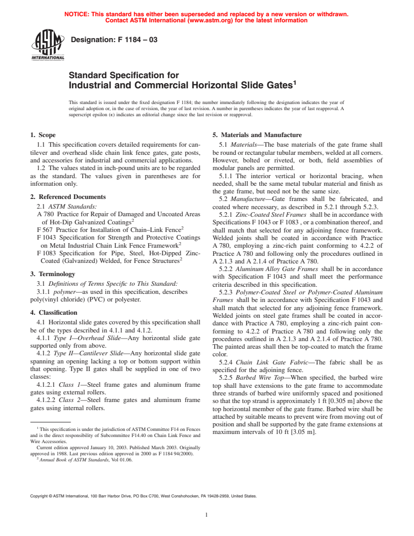 ASTM F1184-03 - Standard Specification for Industrial and Commercial Horizontal Slide Gates