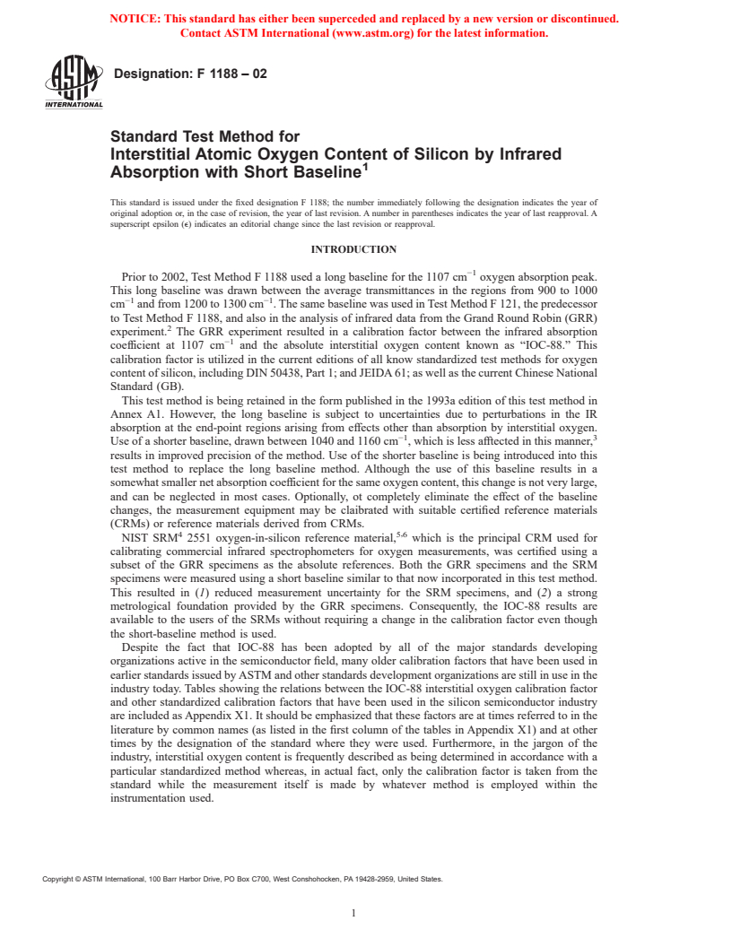 ASTM F1188-02 - Standard Test Method for Interstitial Atomic Oxygen Content of Silicon by Infrared Absorption with Short Baseline (Withdrawn 2003)