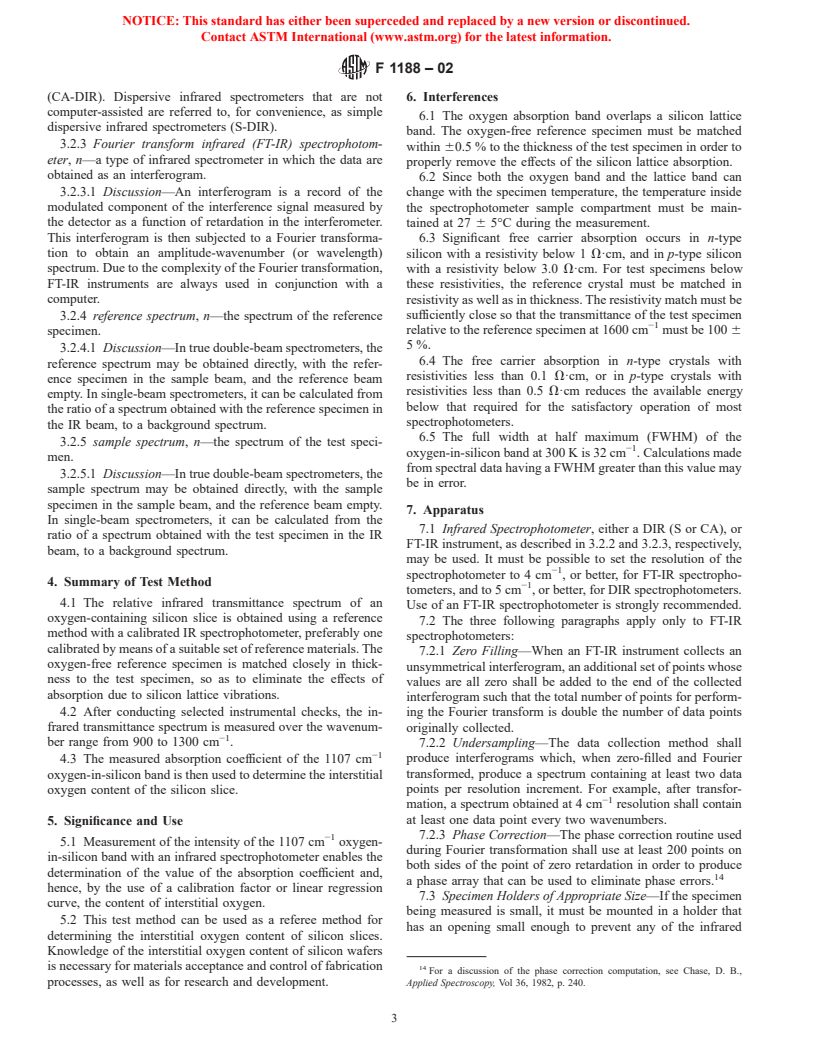 ASTM F1188-02 - Standard Test Method for Interstitial Atomic Oxygen Content of Silicon by Infrared Absorption with Short Baseline (Withdrawn 2003)