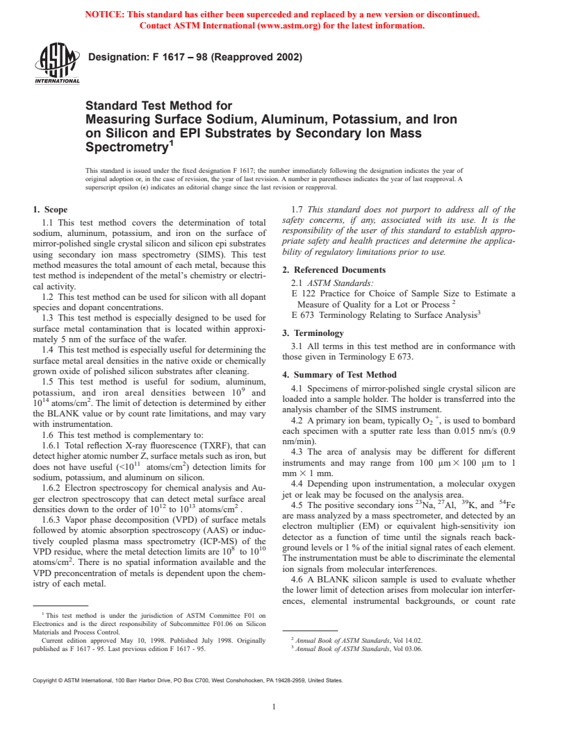 ASTM F1617-98(2002) - Standard Test Method for Measuring Surface Sodium, Aluminum, Potassium, and Iron on Silicon and EPI Substrates by Secondary Ion Mass Spectrometry (Withdrawn 2003)