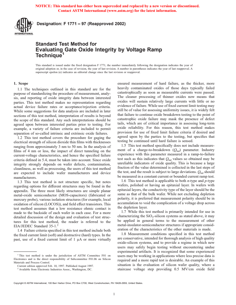 ASTM F1771-97(2002) - Standard Test Method for Evaluating Gate Oxide Integrity by Voltage Ramp Technique (Withdrawn 2003)