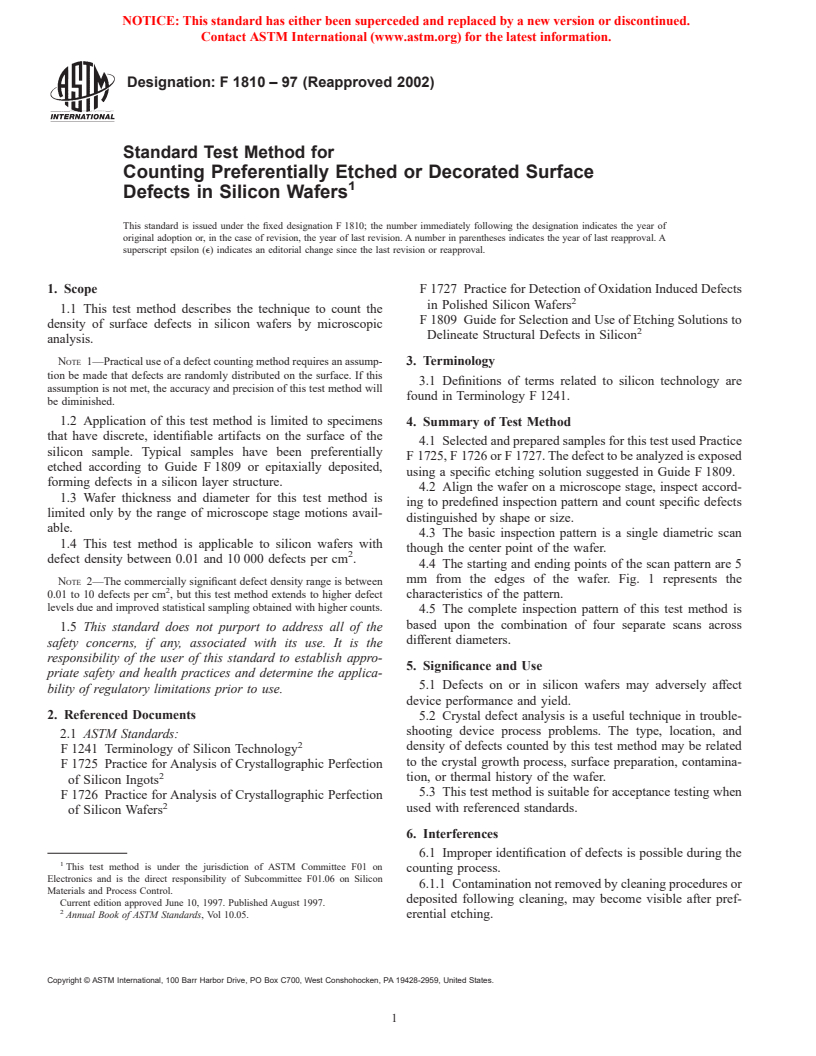 ASTM F1810-97(2002) - Standard Test Method for Counting Preferentially Etched or Decorated Surface Defects in Silicon Wafers (Withdrawn 2003)