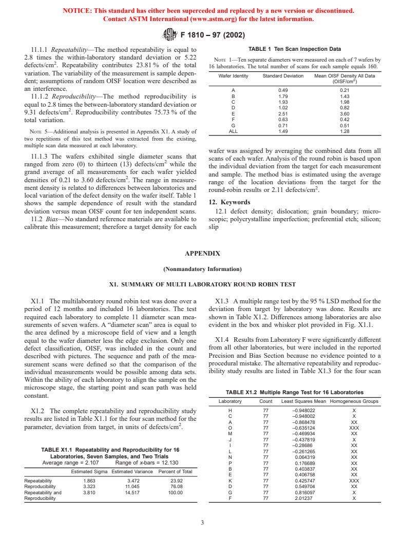 ASTM F1810-97(2002) - Standard Test Method for Counting Preferentially Etched or Decorated Surface Defects in Silicon Wafers (Withdrawn 2003)