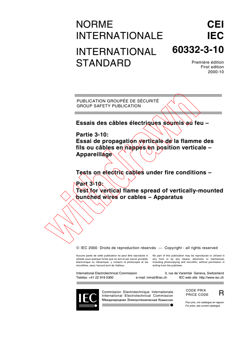 IEC 60332-3-10:2000 - Tests on electric cables under fire conditions - Part 3-10: Test for vertical flame spread of vertically-mounted bunched wires or cables - Apparatus
Released:10/9/2000
Isbn:2831854563