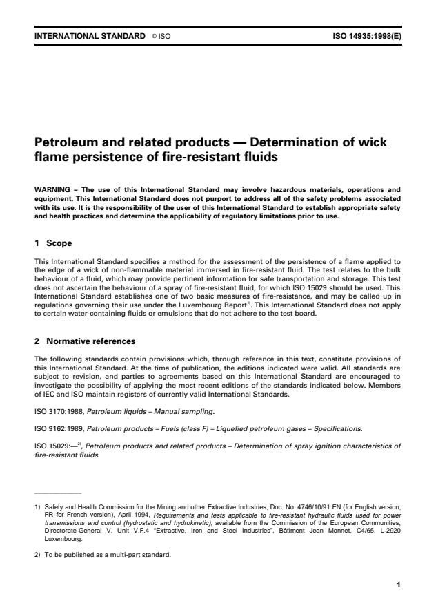 ISO 14935:1998 - Petroleum and related products -- Determination of wick flame persistence of fire-resistant fluids