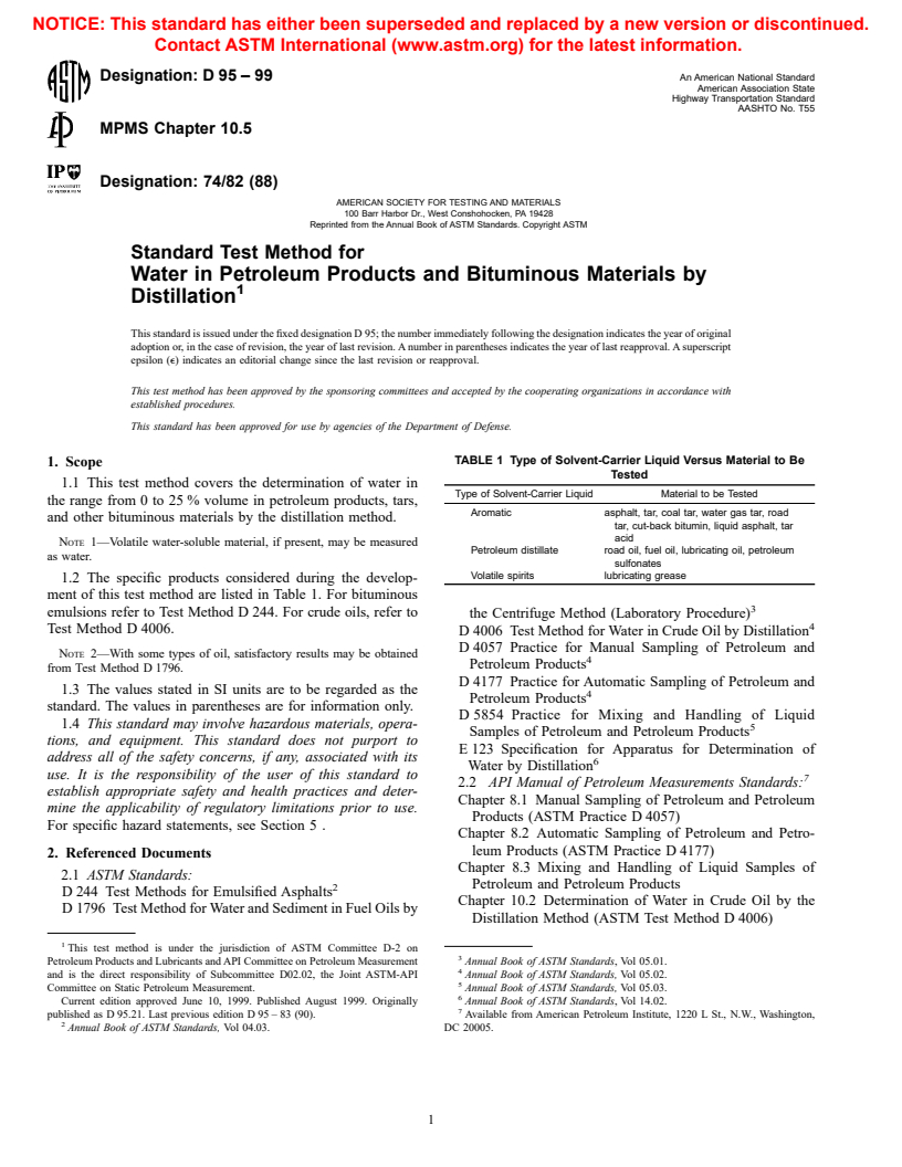 ASTM D95-99 - Standard Test Method for Water in Petroleum Products and Bituminous Materials by Distillation