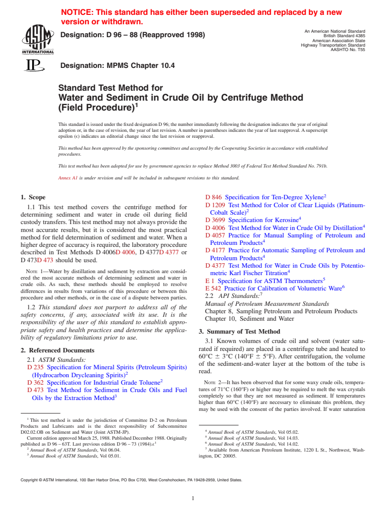 ASTM D96-88(1998) - Standard Test Methods for Water and Sediment in Crude Oil by Centrifuge Method (Field Procedure) (Withdrawn 2000)