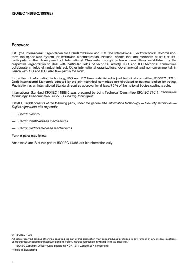 ISO/IEC 14888-2:1999 ISO/IEC 14888-2:1999 - Information technology -- Security techniques -- Digital signatures with appendix - Page 2 preview