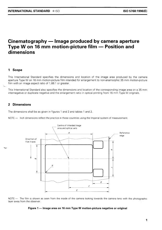 ISO 5768:1996 - Cinématographie -- Champ d'image enregistré par caméra type W sur film cinématographique 16 mm -- Position et dimensions