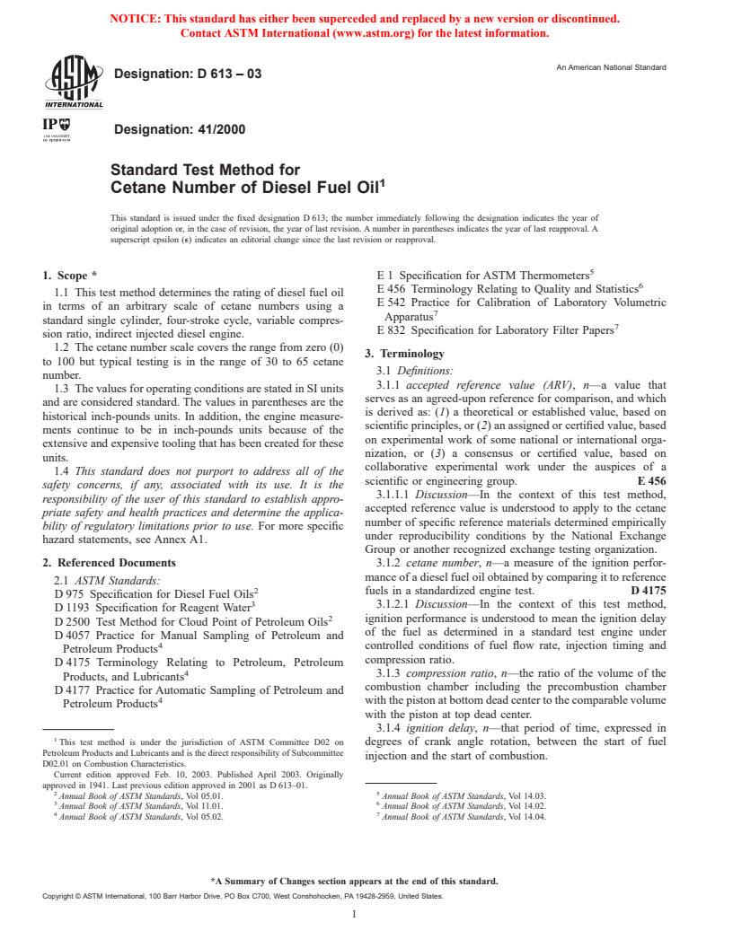 ASTM D613-03 - Standard Test Method for Cetane Number of Diesel Fuel Oil