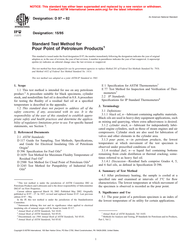 ASTM D97-02 - Standard Test Method for Pour Point of Petroleum Products