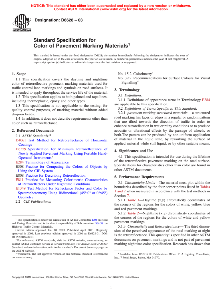 ASTM D6628-03 - Standard Specification for Color of Pavement Marking Materials