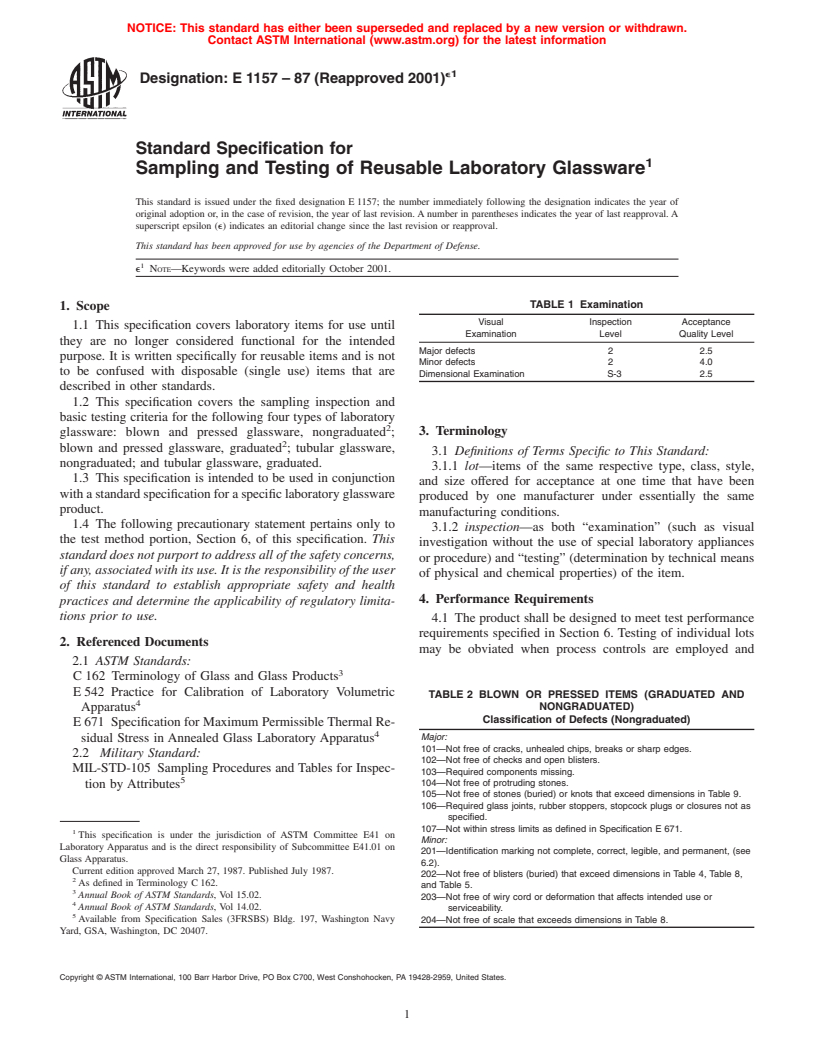 ASTM E1157-87(2001)e1 - Standard Specification for Sampling and Testing of Reusable Laboratory Glassware