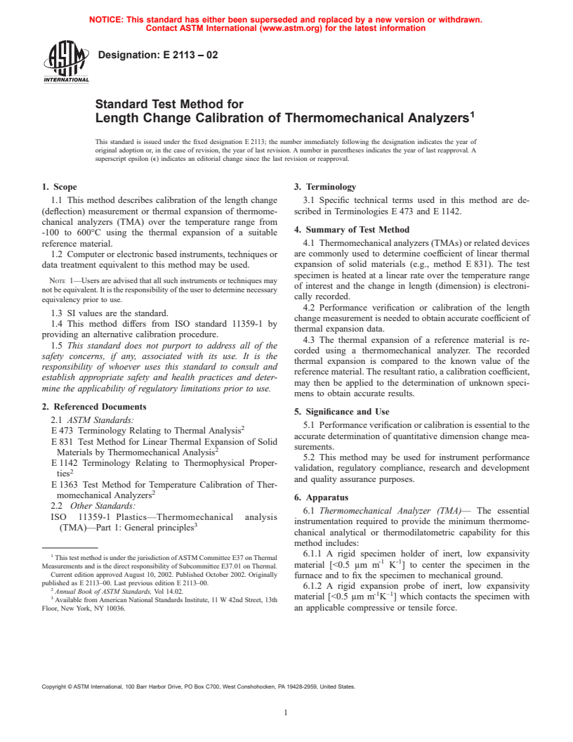 ASTM E2113-02 - Standard Test Method for Length Change Calibration of Thermomechanical Analyzers