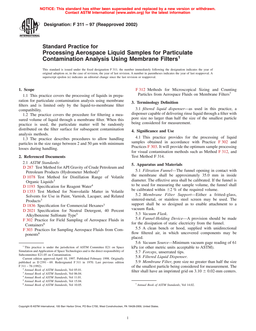 ASTM F311-97(2002) - Standard Practice for Processing Aerospace Liquid Samples for Particulate Contamination Analysis Using Membrane Filters