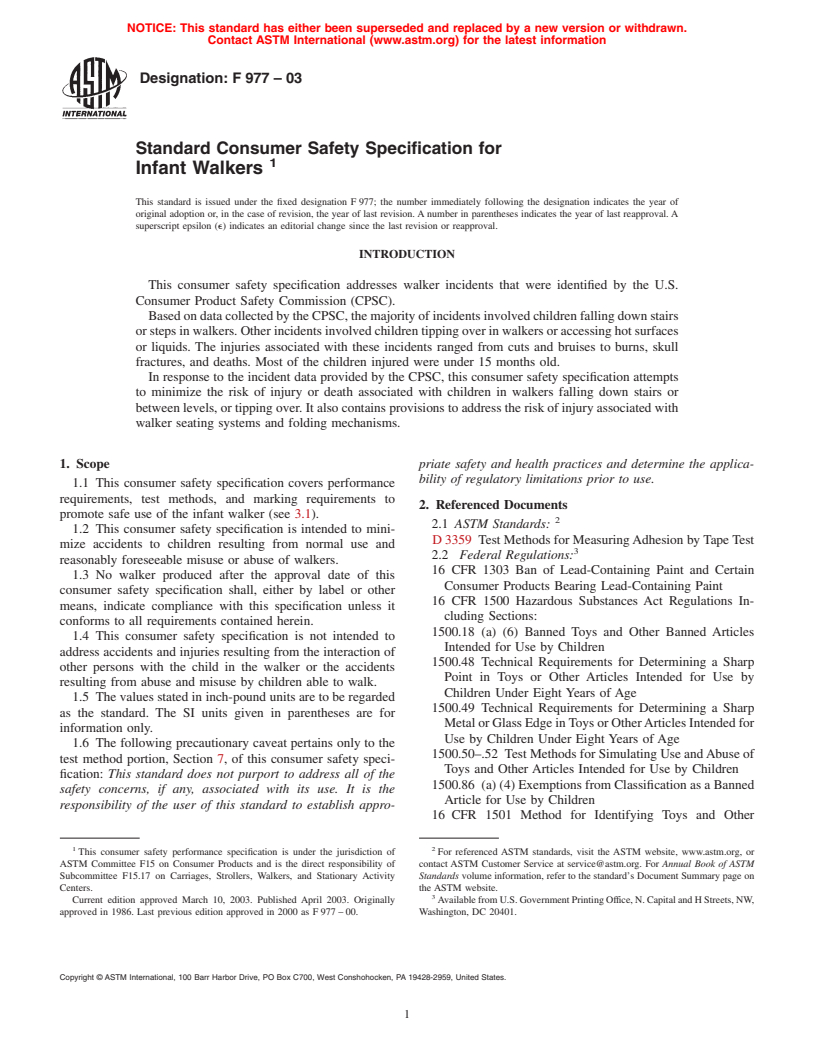 ASTM F977-03 - Standard Consumer Safety Specification for Infant Walkers