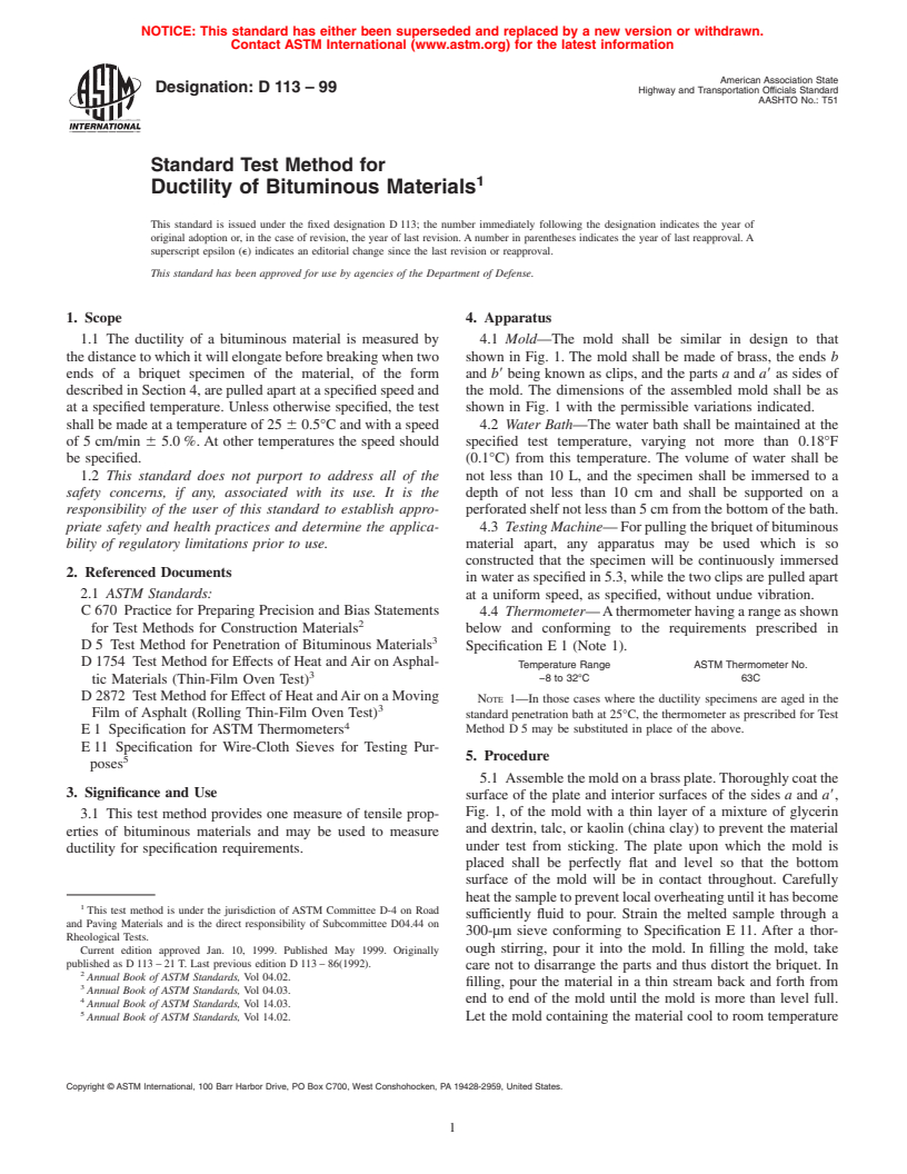 ASTM D113-99 - Standard Test Method for Ductility of Bituminous Materials